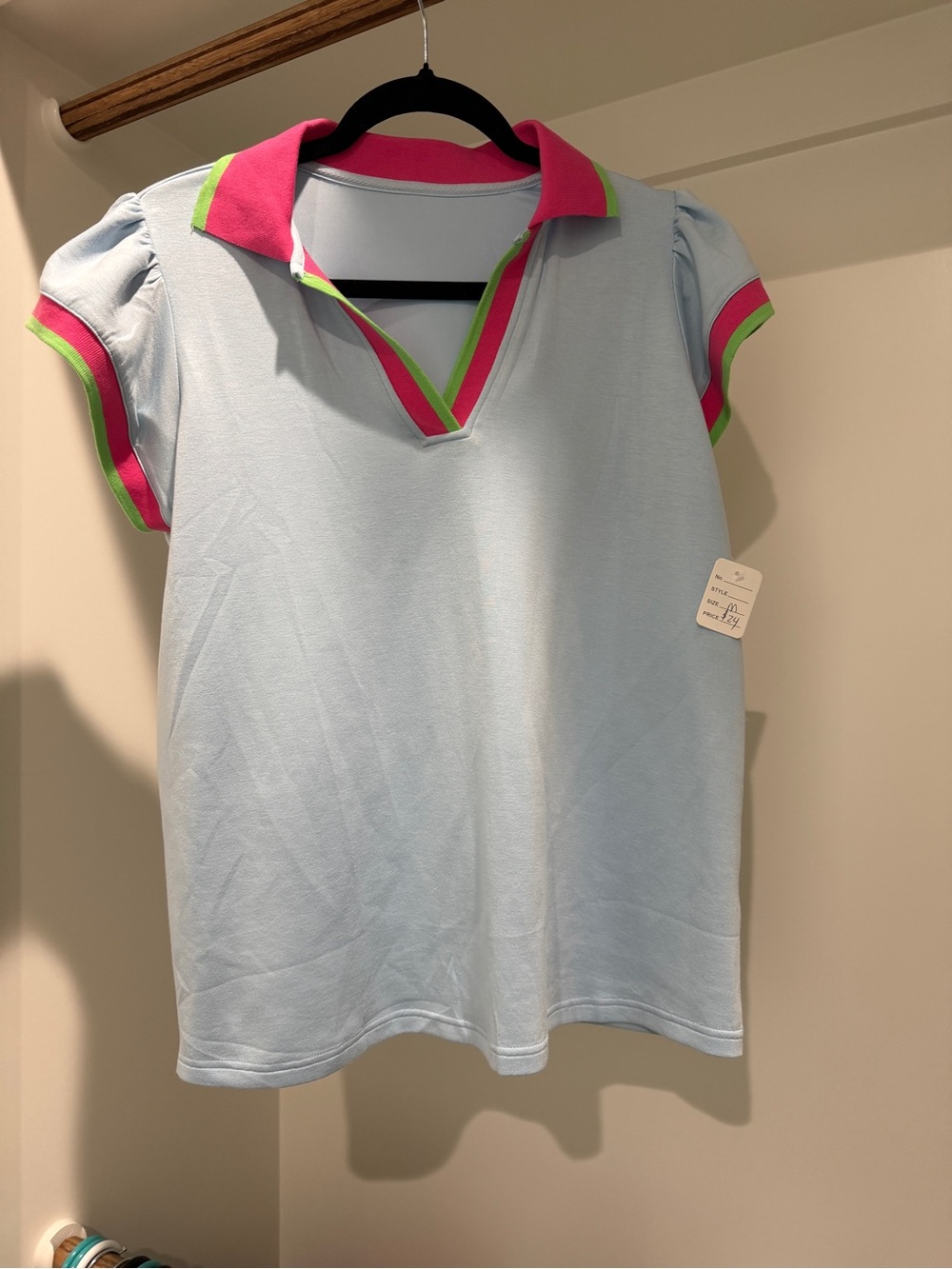 Light Blue Polo Top with Pink & Lime Trim